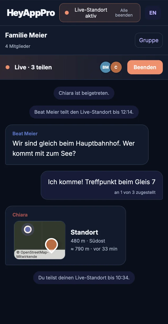 Gruppenchat auf dem Smartphone mit Live-Band und Standortkarte
