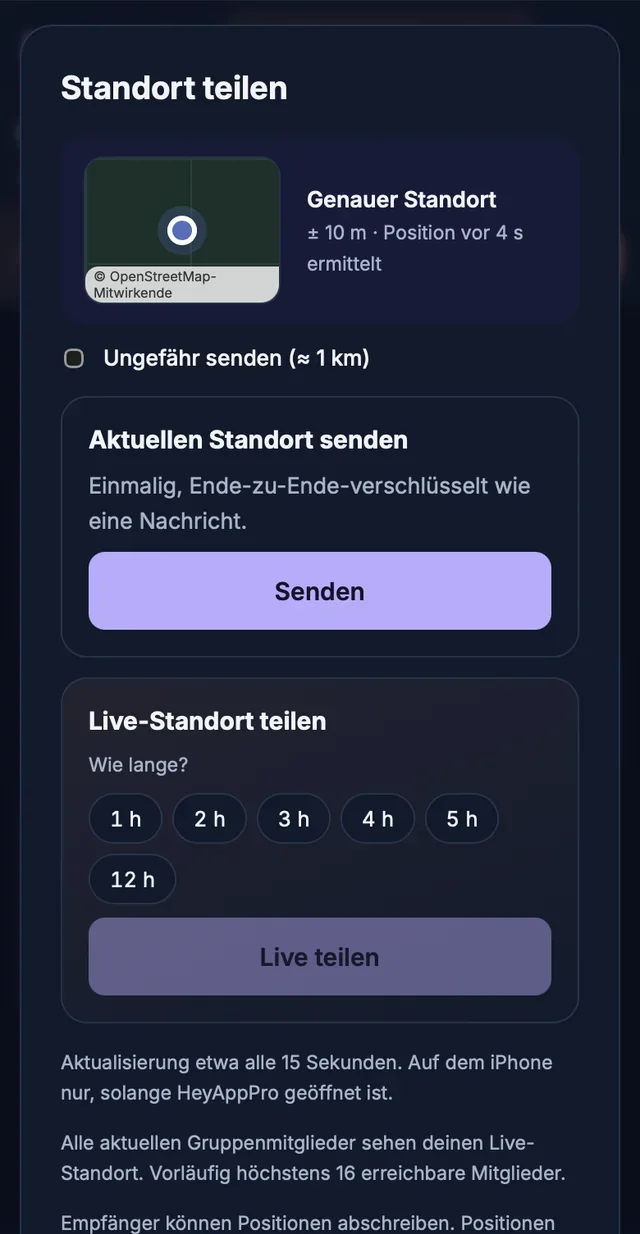 Blatt «Standort teilen» mit Einmalposition und Live-Dauer von 1 bis 12 Stunden