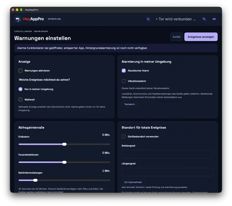 App nativa HeyAppPro con impostazioni per eventi locali e mondiali, suono di allarme, intervalli di consultazione e posizione