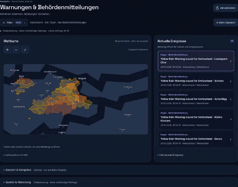 Vista regionale svizzera della console HeyAppPro per Business Pro e Gov con zone geografiche di allerta e comunicazioni delle autorità