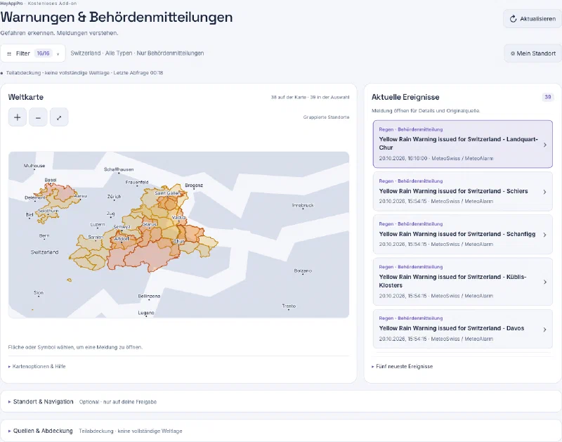 Vista regionale svizzera della console HeyAppPro per Business Pro e Gov con zone geografiche di allerta e comunicazioni delle autorità