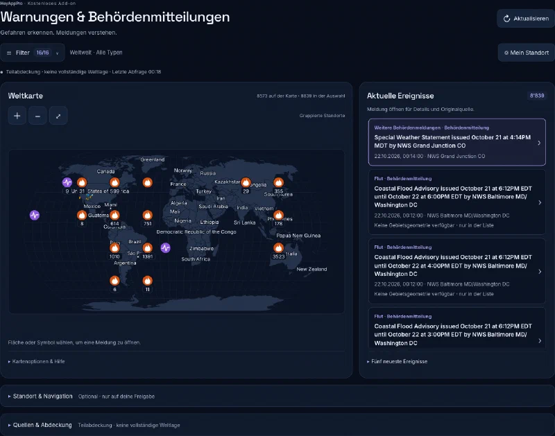 Console di amministrazione HeyAppPro per Business Pro e Gov con mappa mondiale reale, nomi di Paesi e località e marcatori di terremoti e rilevamenti termici