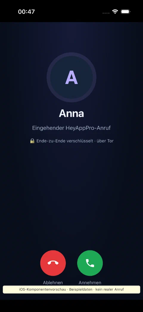 Vista chiamate HeyAppPro nel simulatore iOS: chiamata in arrivo di esempio da Anna con Accetta e Rifiuta