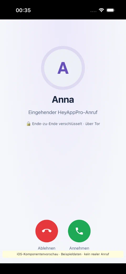 Vista chiamate HeyAppPro nel simulatore iOS: chiamata in arrivo di esempio da Anna con Accetta e Rifiuta